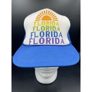 Vtg Florida Sunshine Snapback Trucker Hat Blue Mesh Foam Rope Cap Rainbow ROC
